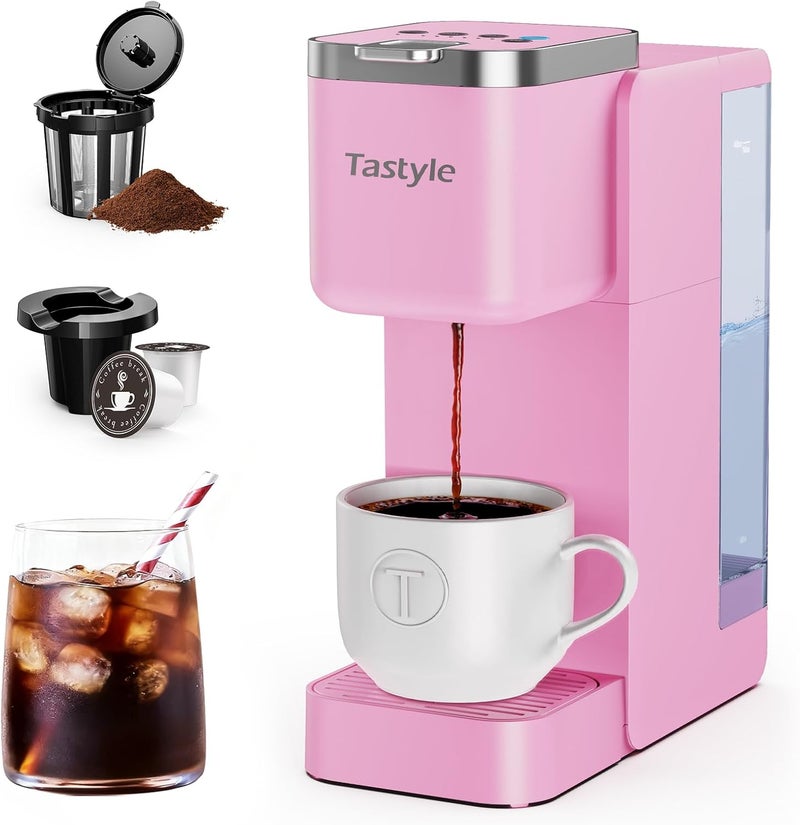 Tastyle Single Serve Coffee Maker, Iced and Hot Coffee Machine for K Cup & Grounds, Compact Design, 40oz Removable Water Reservoir, 6 to 24 Oz Brew Sizes, Fits 7.3" Travel Mug, Pink - Image 1
